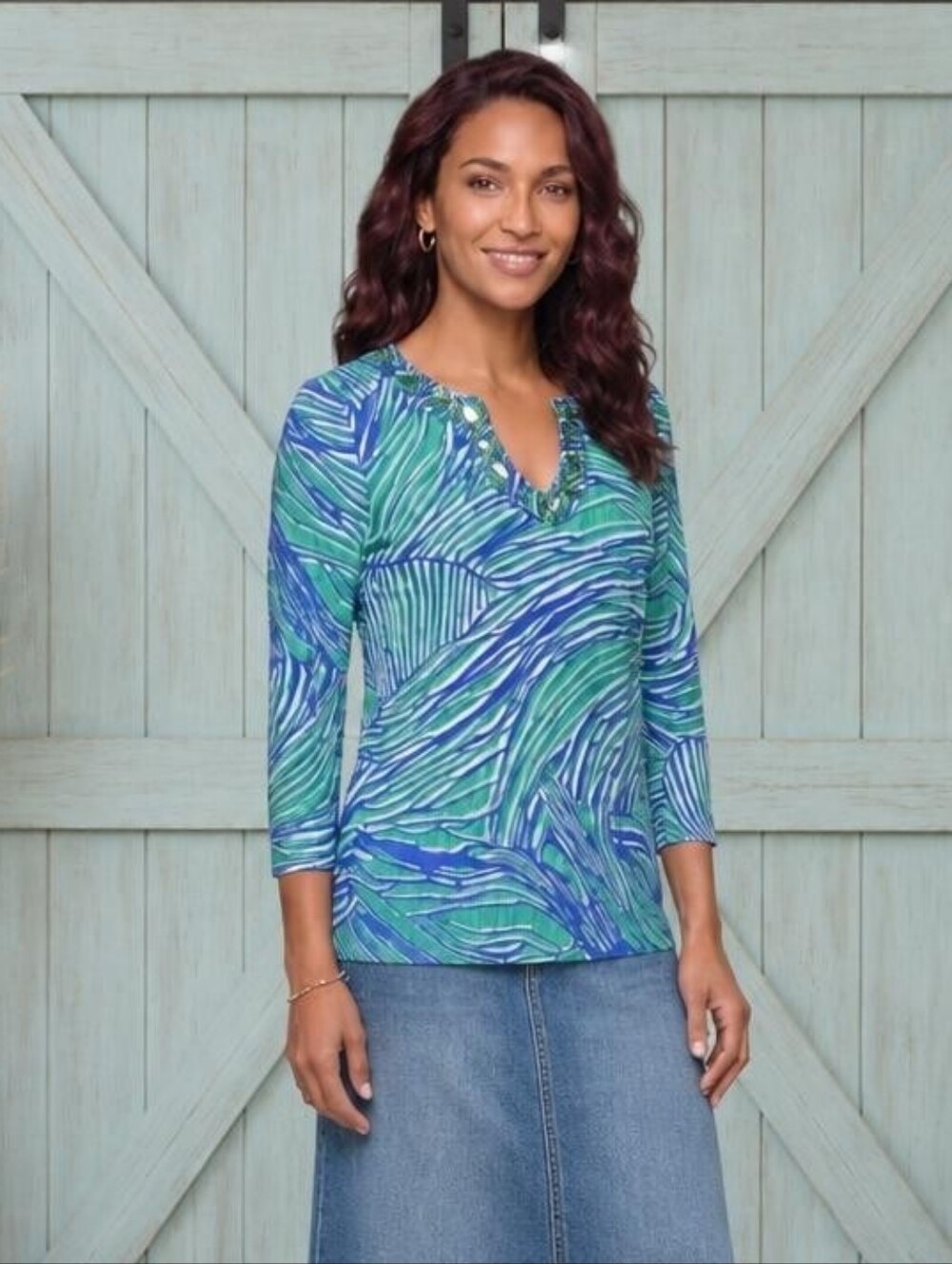 Cable & Gauge Y2K Blue and Green Printed V-Neck Long Sleeve Top With Rhinestones